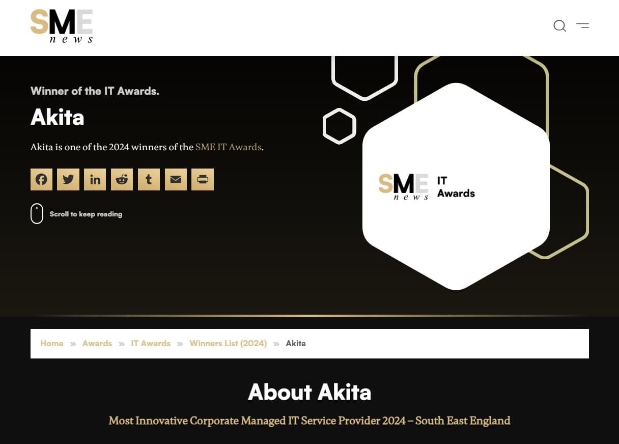 Akita Named Most Innovative Corporate Managed IT Service Provider In National IT Awards Corporate Managed IT Service Provider award